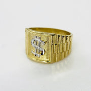 10k - 14k Gold Rollie Band ring with a dollar sign symbol on a white background