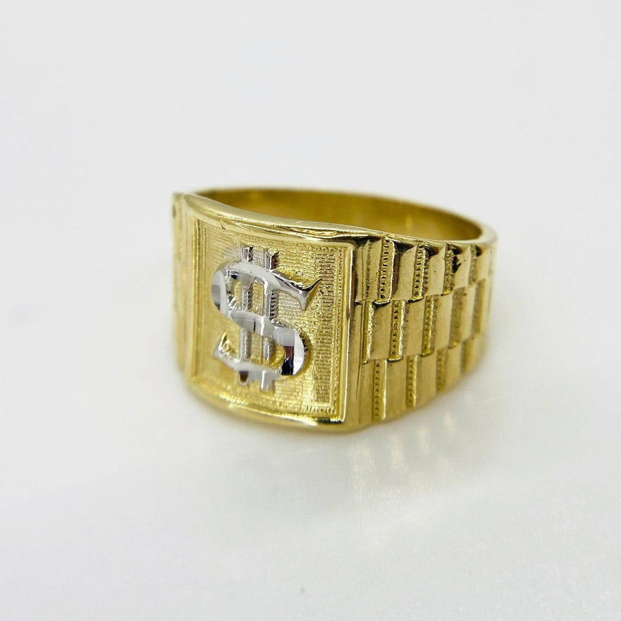 10k - 14k Gold Rollie Band ring with a dollar sign symbol on a white background
