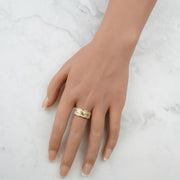 Close-up of a hand modeling the polished tricolor gold lucky elephant ring.