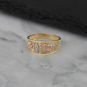 Tri-color gold band featuring various lucky charm motifs on a dark textured surface