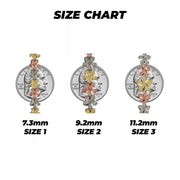 Size chart showing three gold hibiscus flower bracelets over US quarters for size comparison.