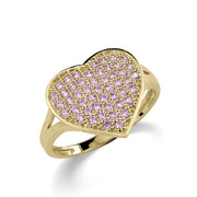 10k - 14k  gold convex heart ring with a pave setting of pink cubic zirconia stones.