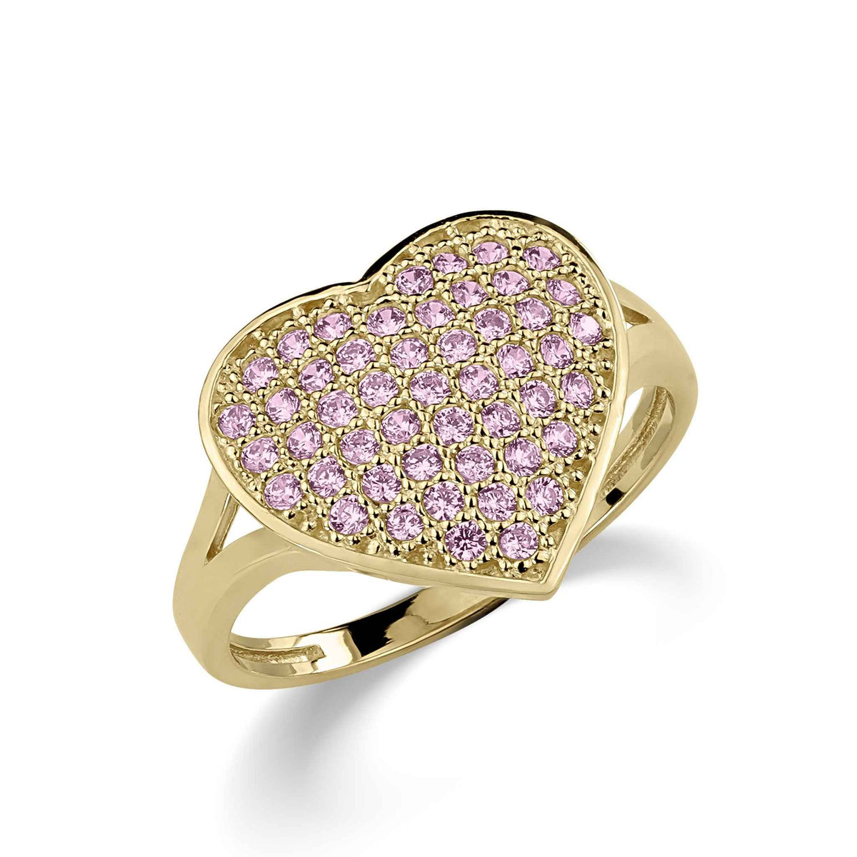 10k - 14k  gold convex heart ring with a pave setting of pink cubic zirconia stones.