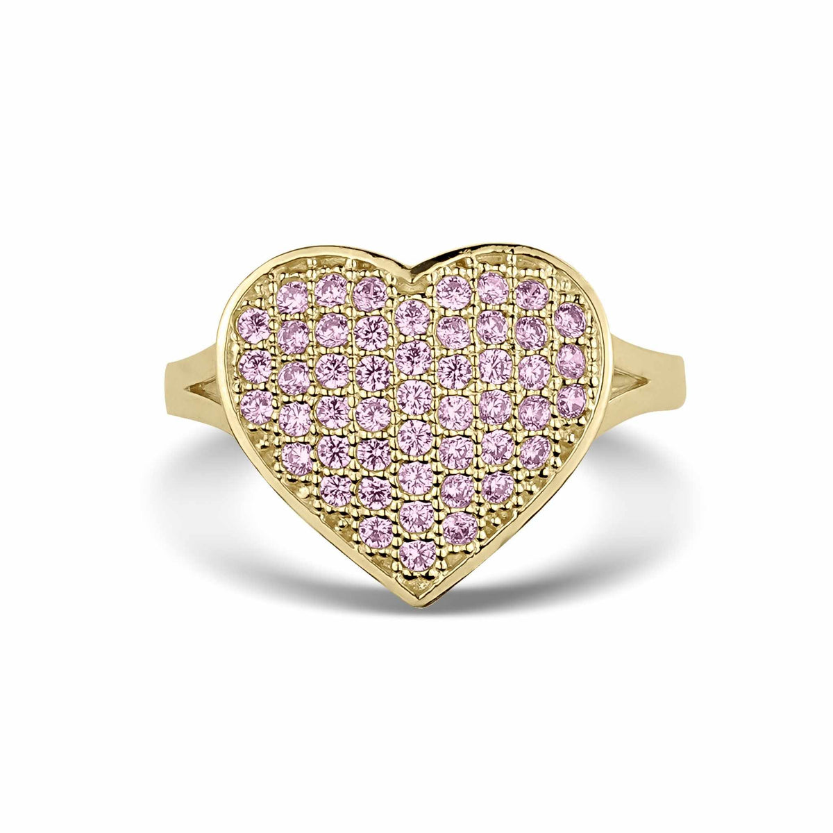 Front view of a gold heart-shaped ring paved with pink cubic zirconia gemstones.