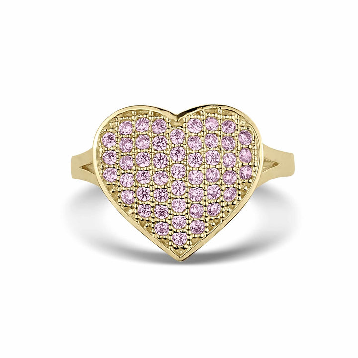 Front view of a gold heart-shaped ring paved with pink cubic zirconia gemstones.