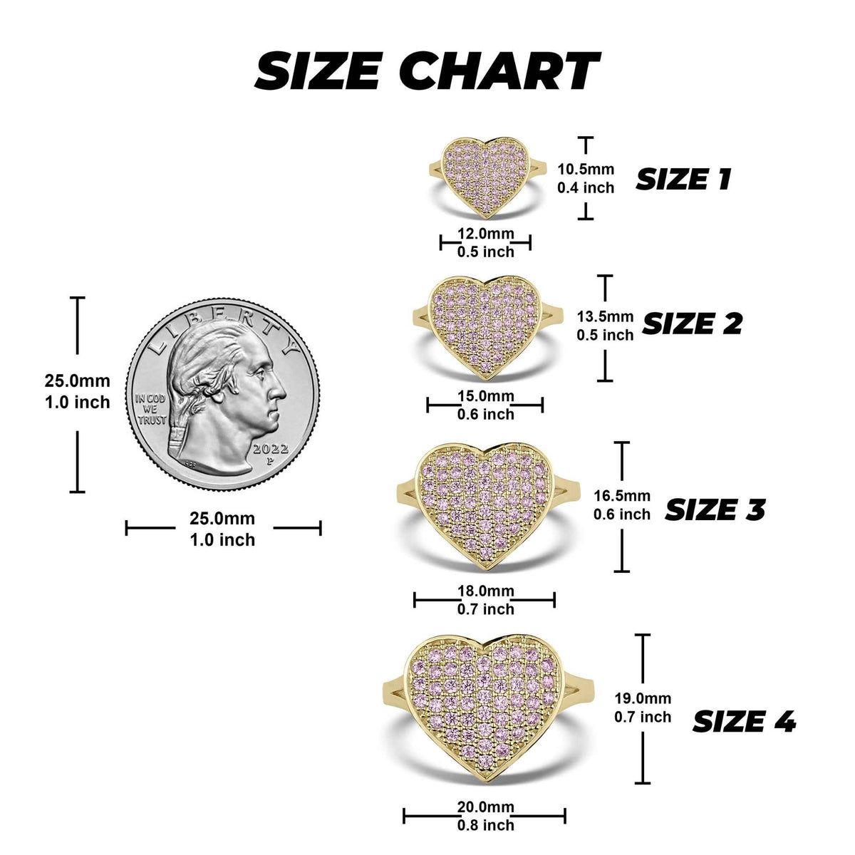 10k 14k gold Frida convex heart pink CZ ring size chart with millimeter dimensions.