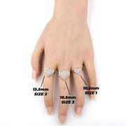 Gold convex heart rings in Sizes 1, 2, and 3 shown on fingers.