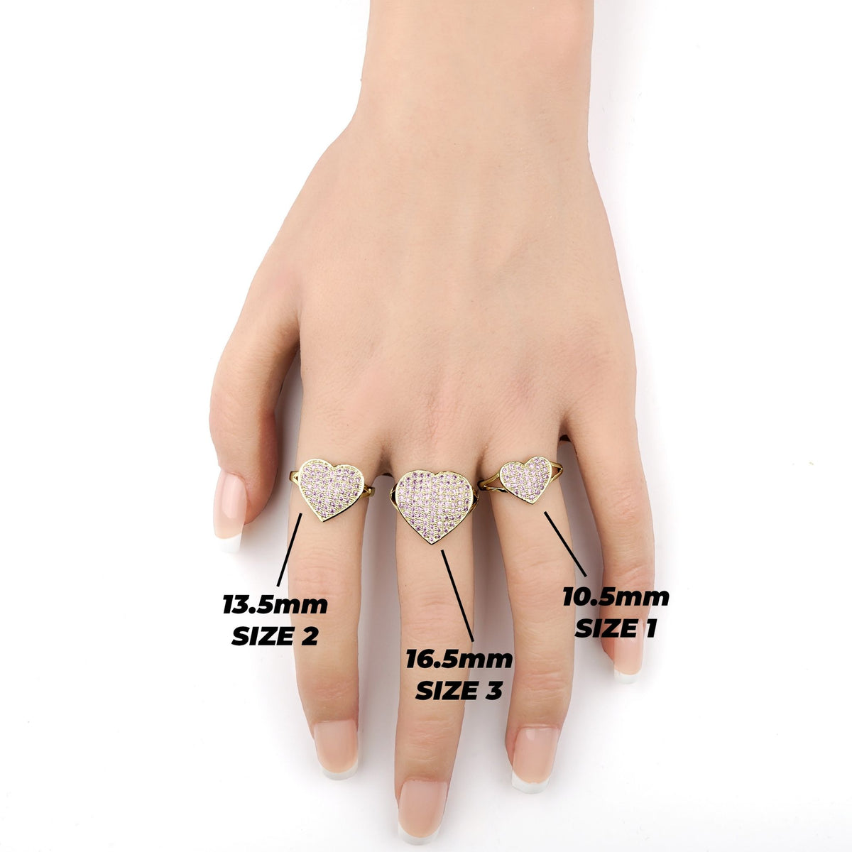 Gold convex heart rings in Sizes 1, 2, and 3 shown on fingers.