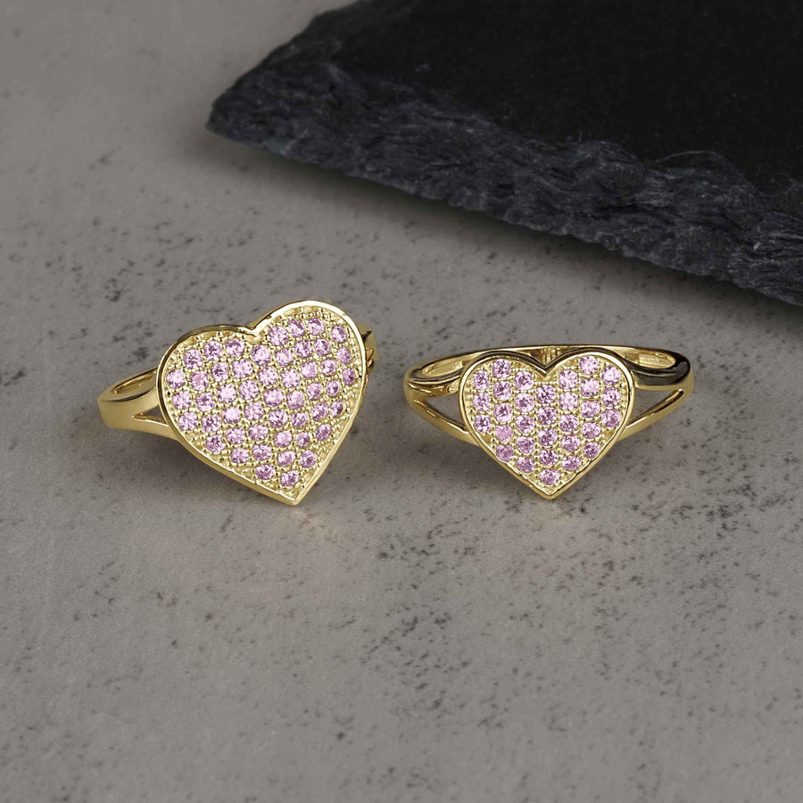 10k 14k gold Frida convex heart pink CZ pave ring for women.