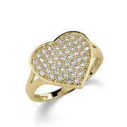 Gold heart-shaped signet ring with clear cubic zirconia stones on a white background.