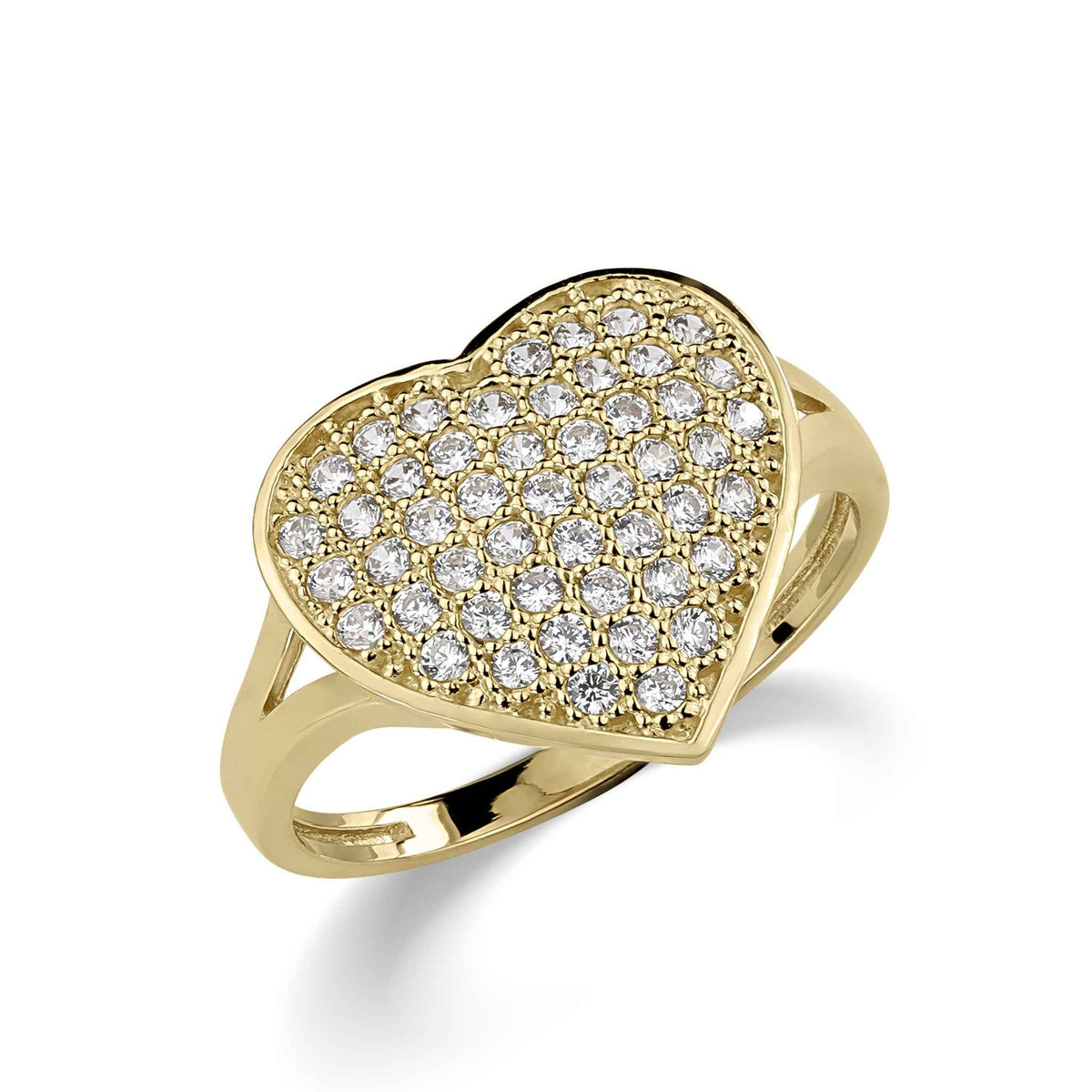 Gold heart-shaped signet ring with clear cubic zirconia stones on a white background.