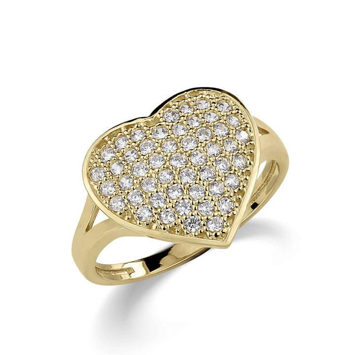 Gold heart-shaped signet ring with clear cubic zirconia stones on a white background.