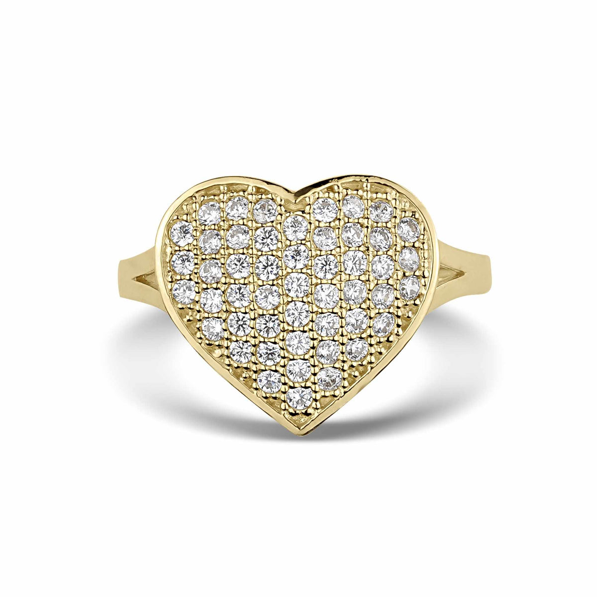 Front view of a gold heart-shaped ring paved with white cubic zirconia gemstones.