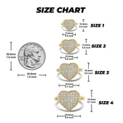 Gold convex heart ring dimension guide with four sizes next to a quarter.