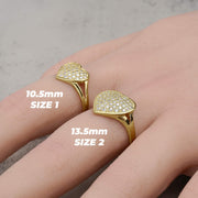 Gold convex heart rings in Size 1 and Size 2 displayed on a hand.
