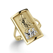 Gold rectangle ring with a silver-toned Jesus and sheep design on white background.