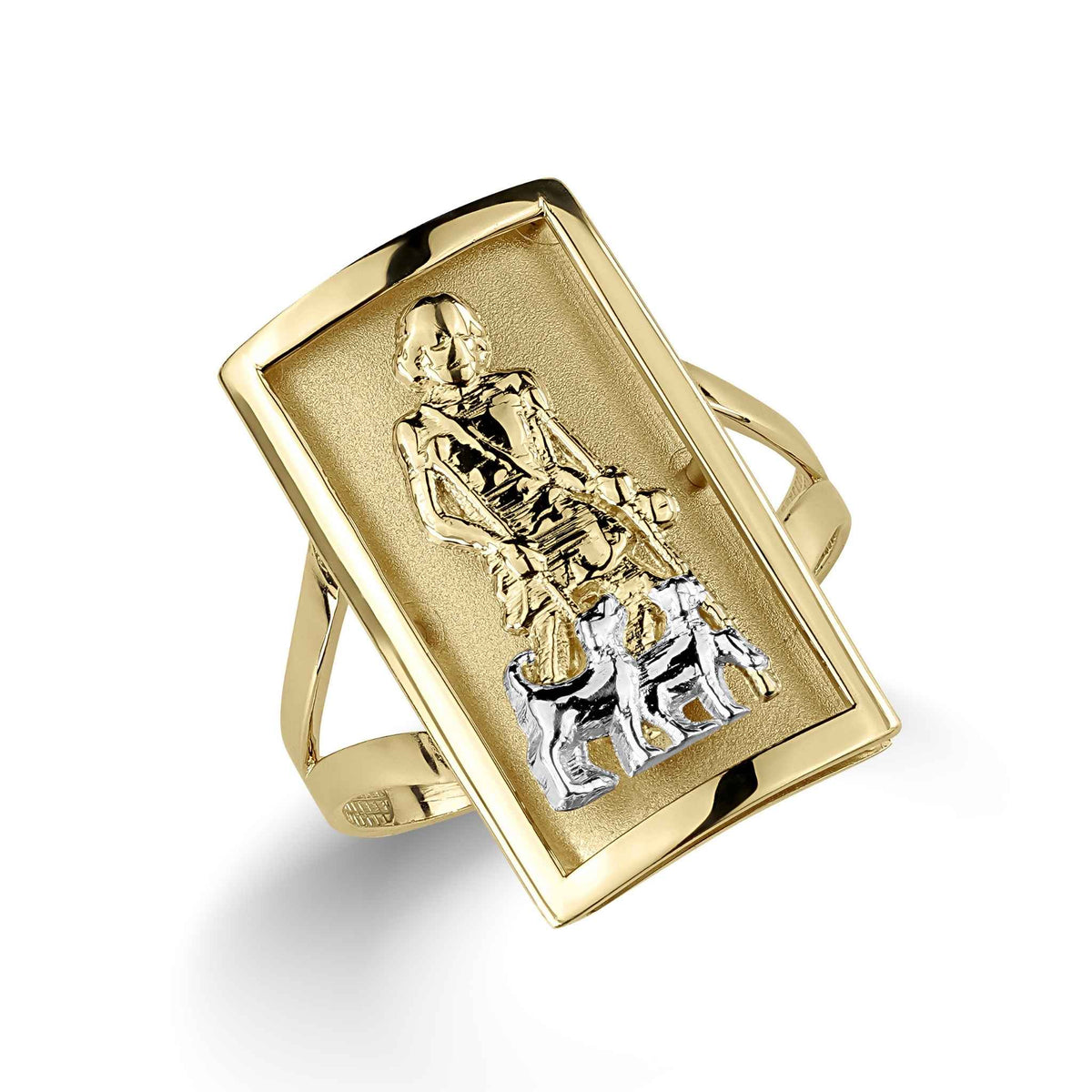 Gold rectangle ring with a silver-toned Jesus and sheep design on white background.