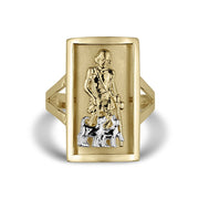 10k 14k gold Good Shepherd Jesus two-tone rectangular ring on white background.