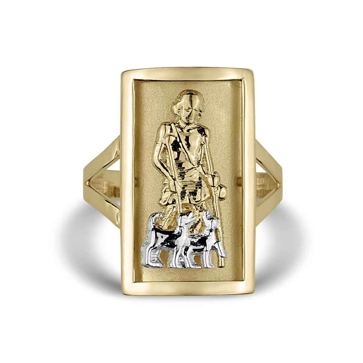 10k 14k gold Good Shepherd Jesus two-tone rectangular ring on white background.