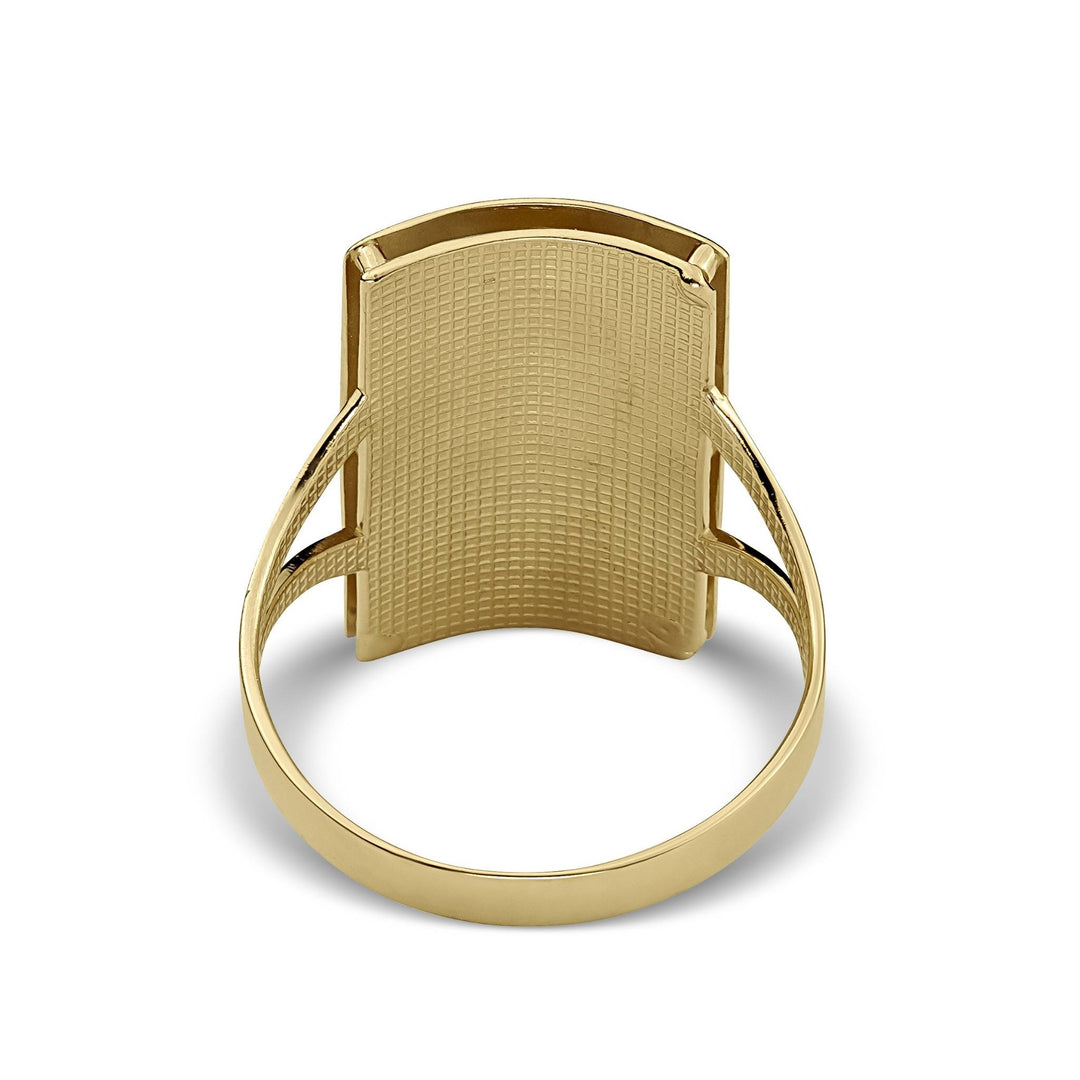 Back view of a gold rectangular signet ring showing a cross-hatched textured pattern.