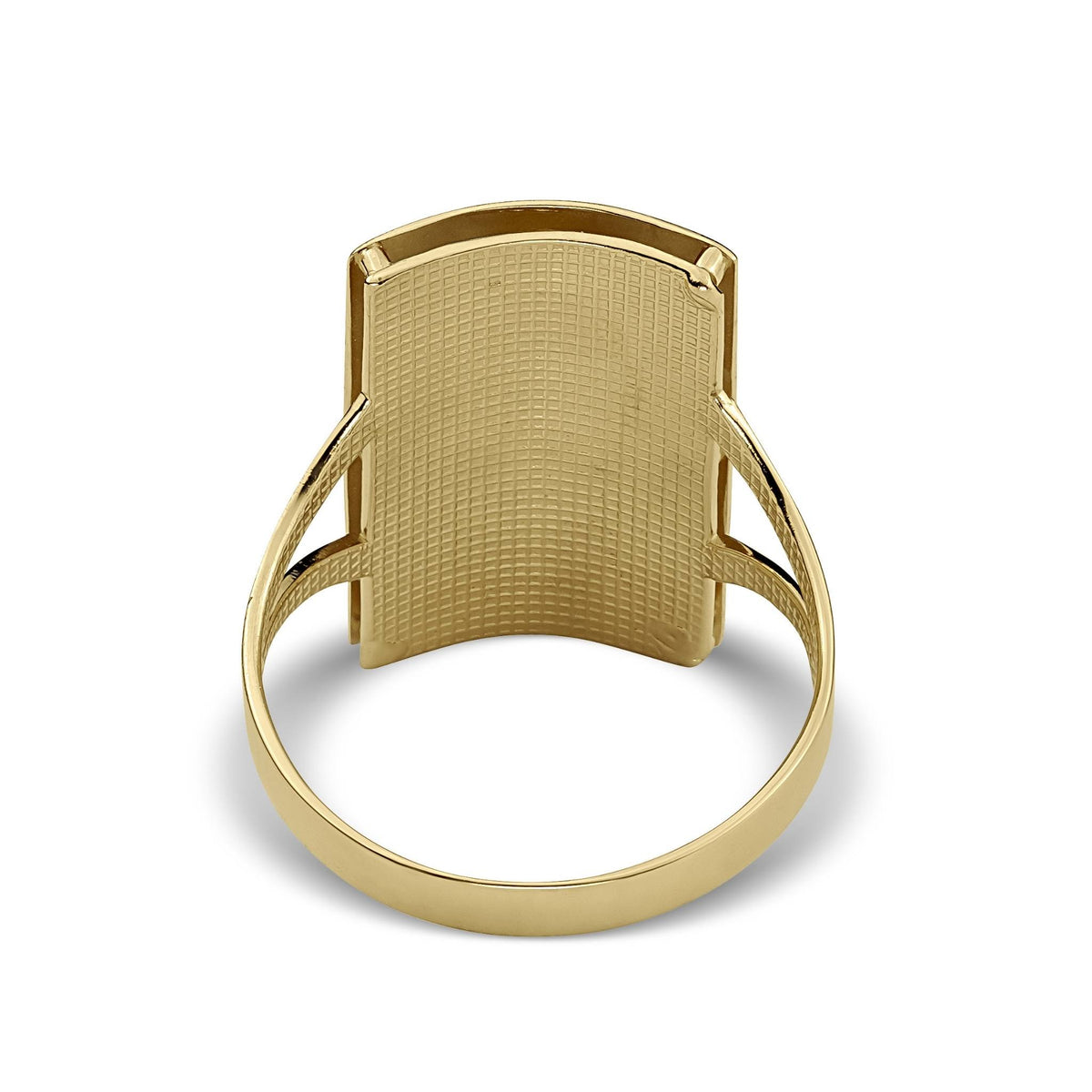Back view of a gold rectangular signet ring showing a cross-hatched textured pattern.