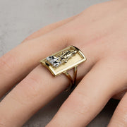 10k 14k gold Good Shepherd Jesus two-tone rectangle ring lifestyle view on finger.