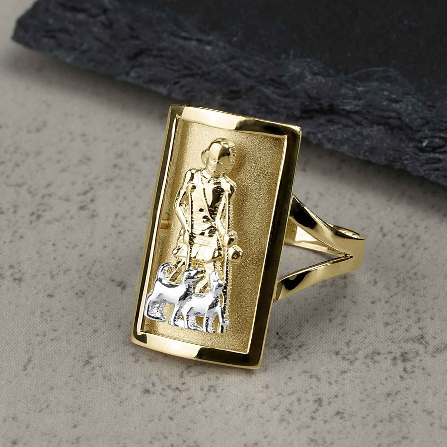 Two-tone gold rectangular ring featuring a detailed depiction of Jesus as the Good Shepherd.
