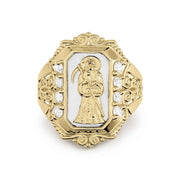 Yellow gold frame ring with white gold Grim Reaper icon and clear stones.
