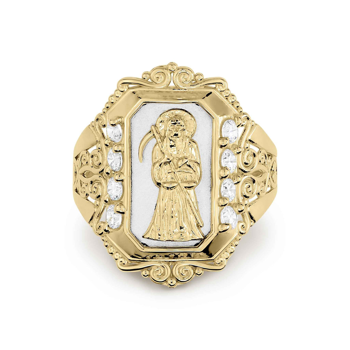 Yellow gold frame ring with white gold Grim Reaper icon and clear stones.