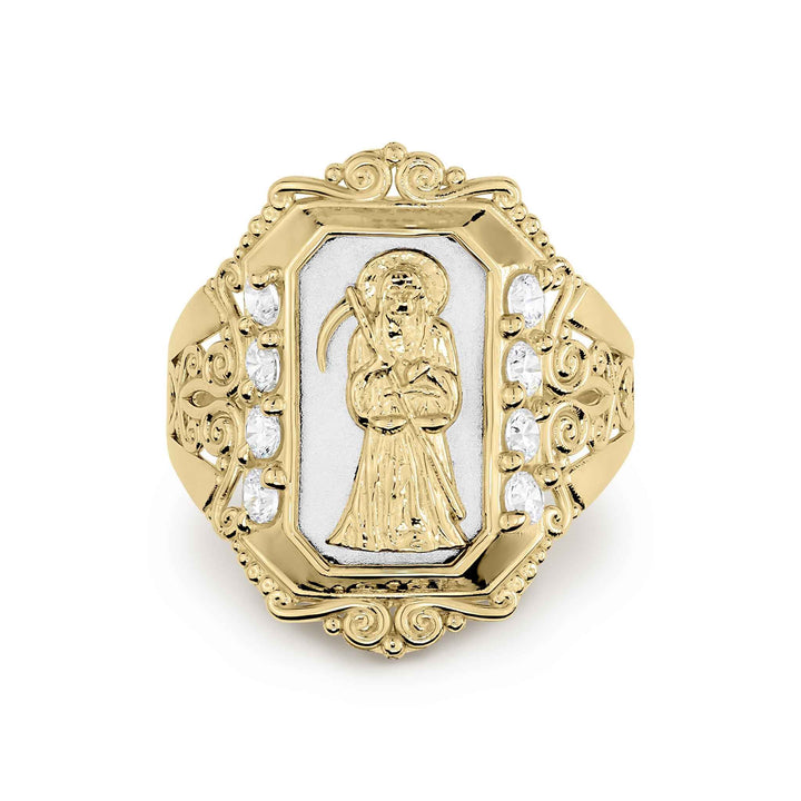 Yellow gold frame ring with white gold Grim Reaper icon and clear stones.