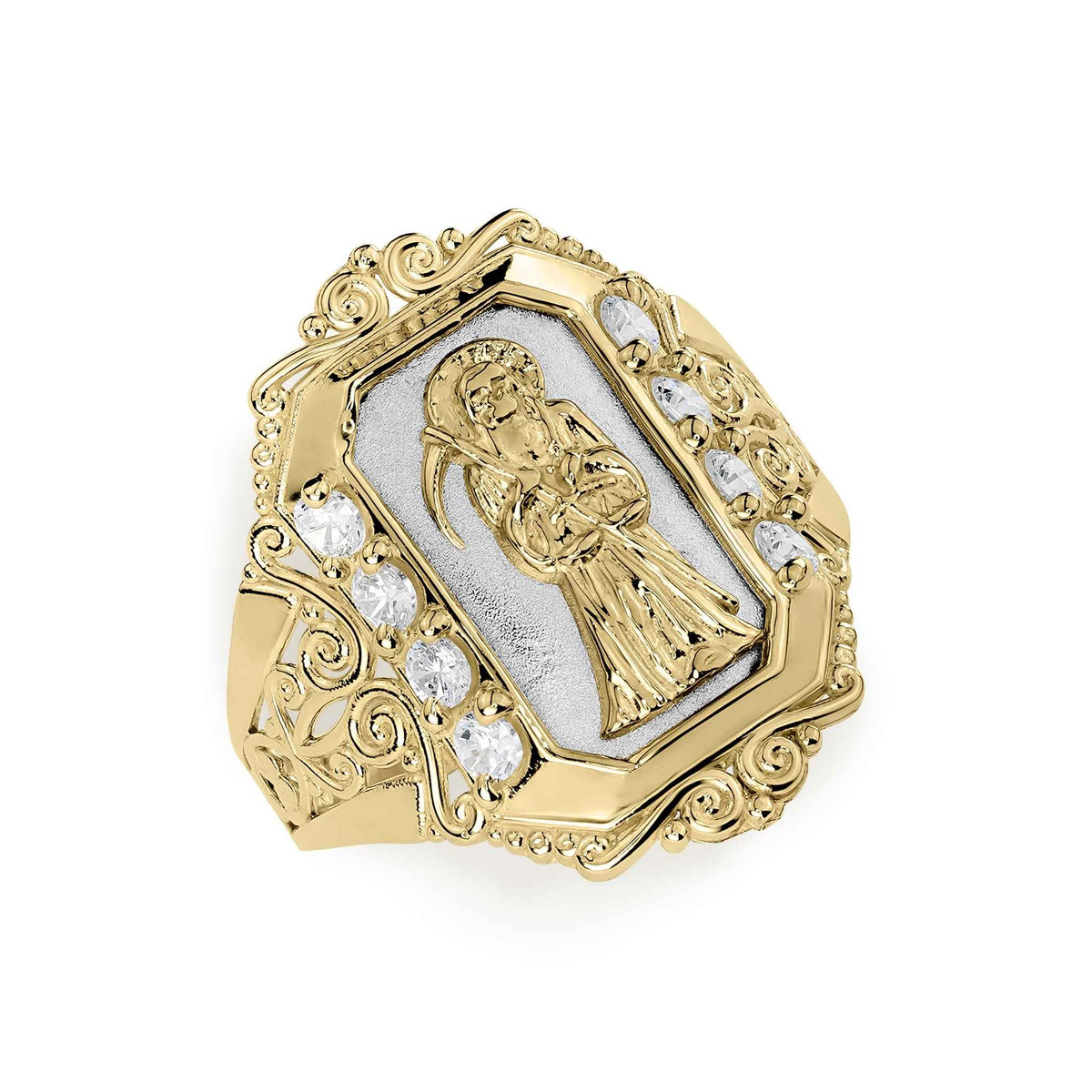 Side angle of two-tone gold Grim Reaper ring showing clear cubic zirconia side stones.