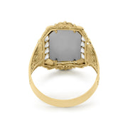 Back and inner band view of a gold Grim Reaper ring on white background