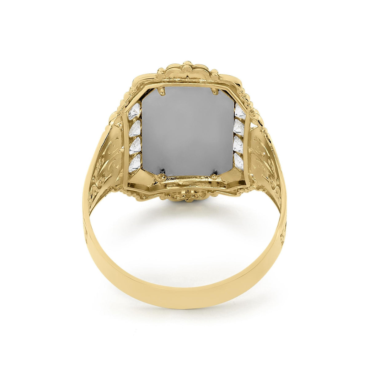 Back and inner band view of a gold Grim Reaper ring on white background