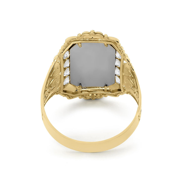 Back and inner band view of a gold Grim Reaper ring on white background