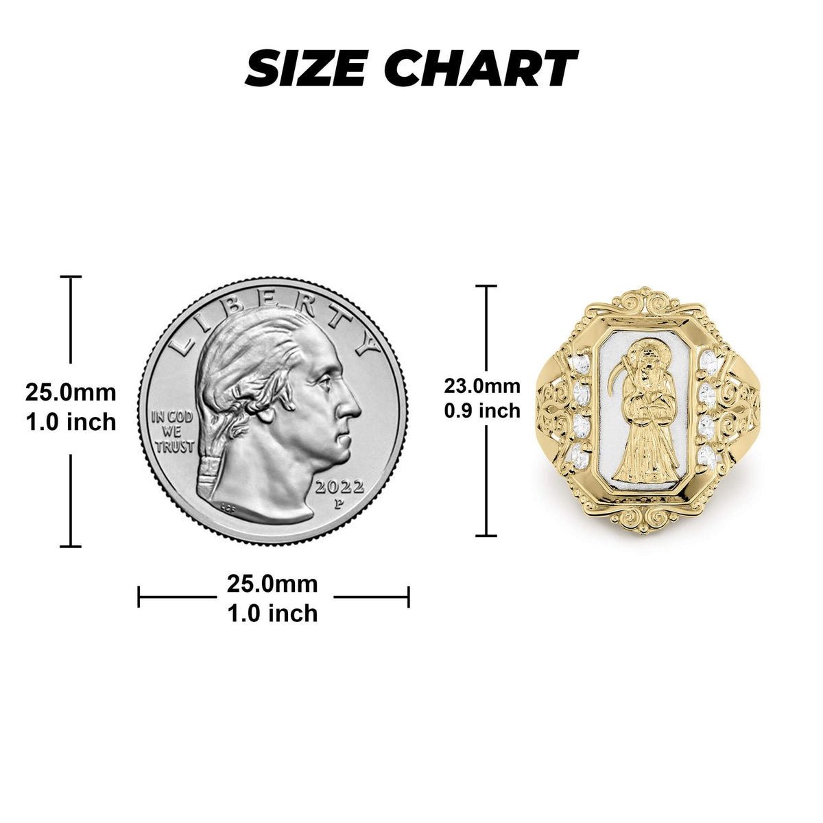 Size chart comparing a Grim Reaper royal ring head to a quarter coin.