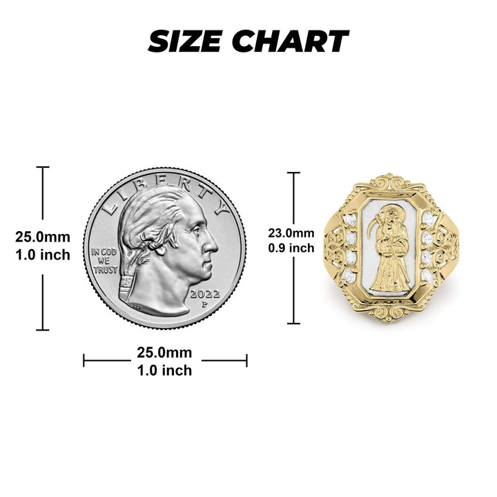 Size chart comparing a Grim Reaper royal ring head to a quarter coin.