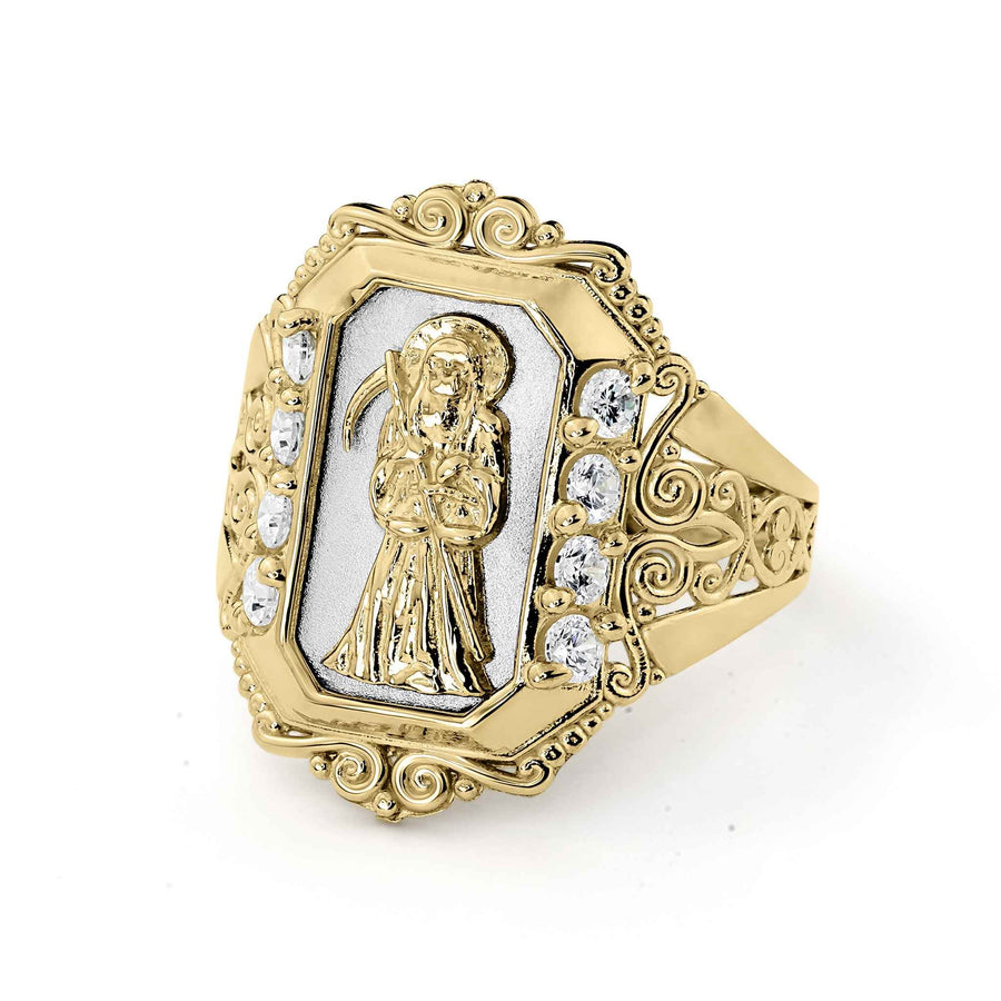 14k gold Santa Muerte Grim Reaper royal ring with white gold and cubic zirconia.