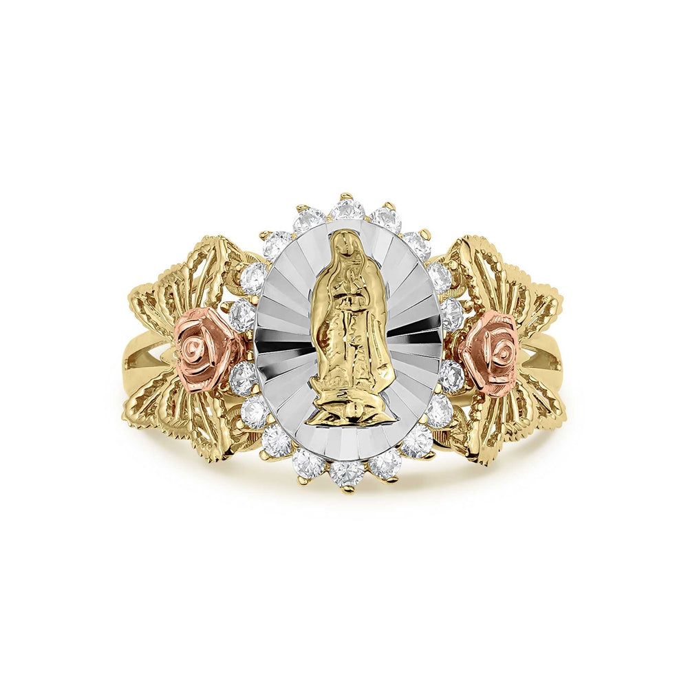 Side view highlighting the cubic zirconia stones and butterfly wing pattern on gold ring.