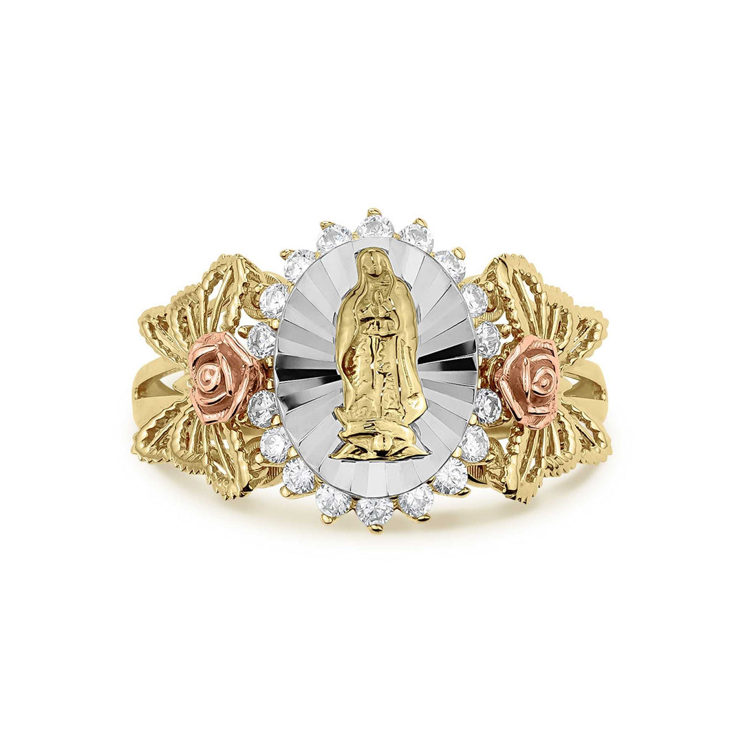 Side view highlighting the cubic zirconia stones and butterfly wing pattern on gold ring.