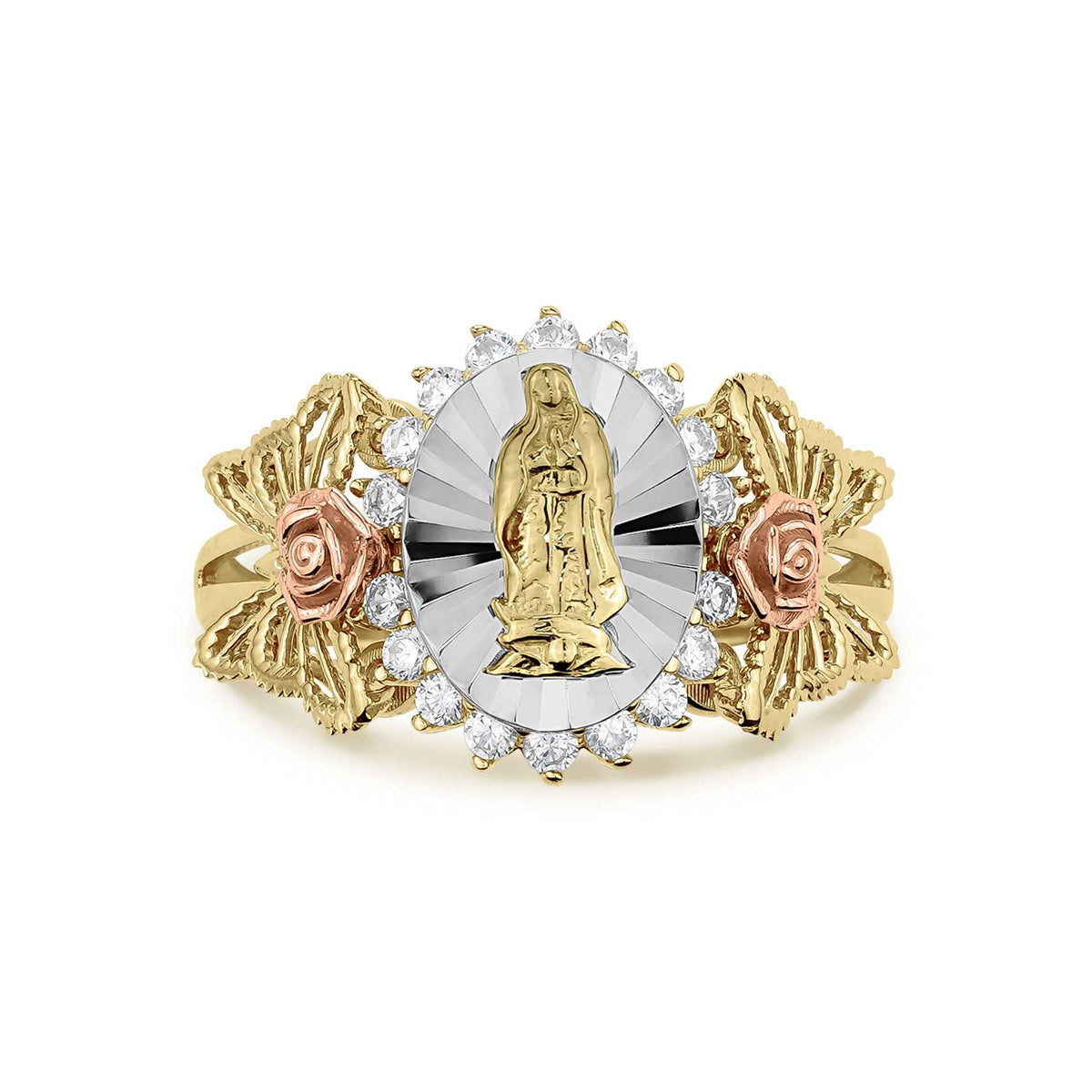 Side view highlighting the cubic zirconia stones and butterfly wing pattern on gold ring.