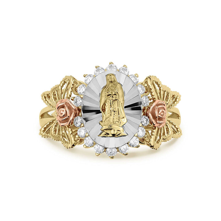 Side view highlighting the cubic zirconia stones and butterfly wing pattern on gold ring.