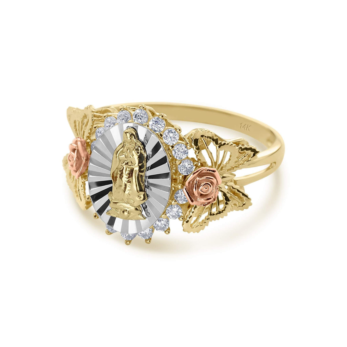 Side-angle close-up highlighting the detailed rose gold floral elements on a gold ring.