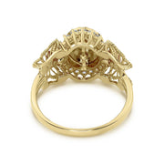 Back view of tri-color gold Guadalupe ring showcasing hollow openwork basket setting structure.
