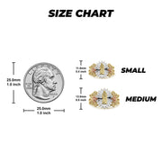 Gold Guadalupe ring size chart comparing small and medium variants to a US quarter.