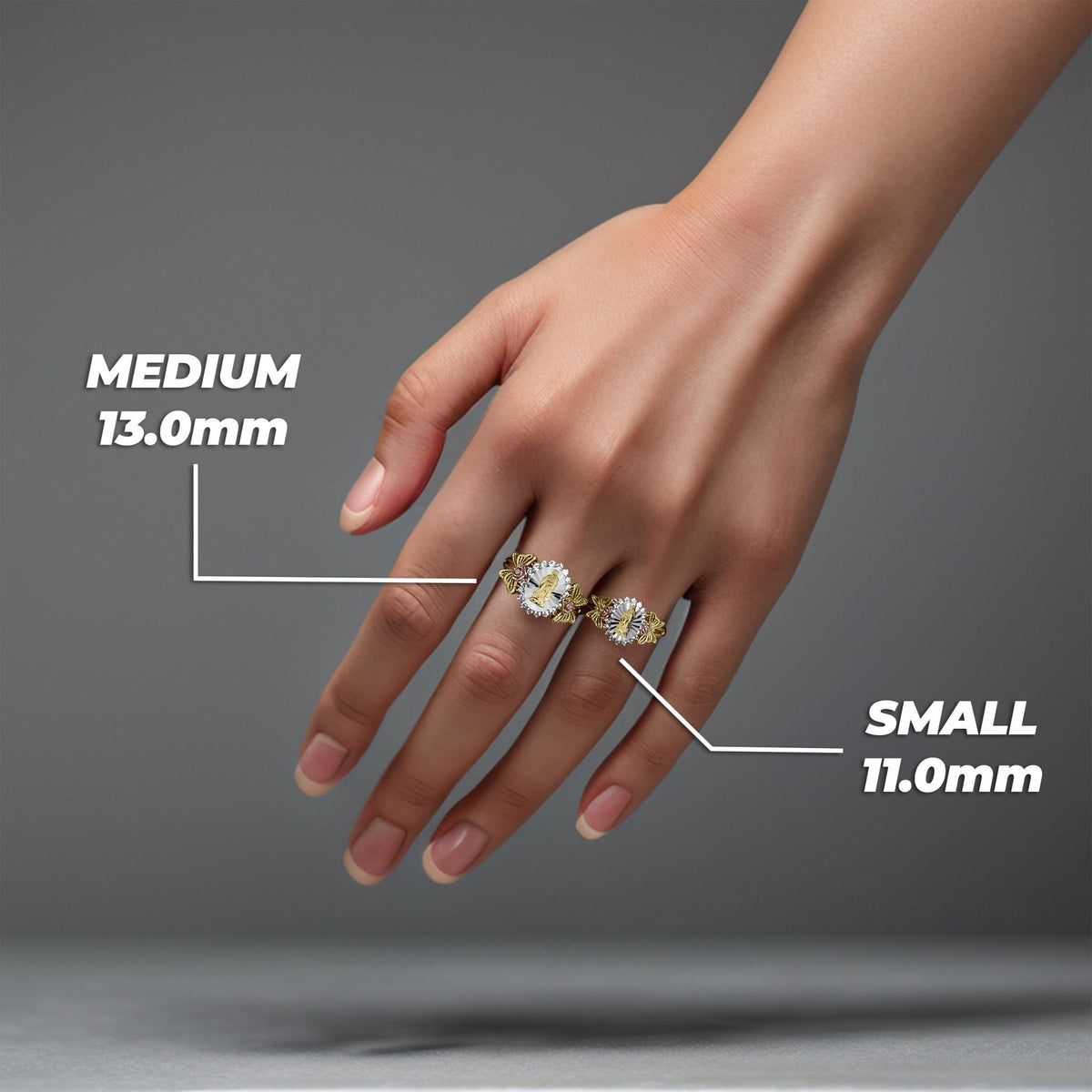 Hand wearing small and medium gold Guadalupe rings with millimeter measurement callouts.
