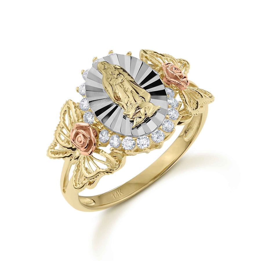 14k gold tri-color Virgin Mary Guadalupe ring with cz stones, roses, and butterflies.