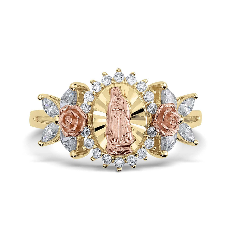 Yellow and rose gold Virgin Mary ring adorned with sparkling cubic zirconia borders.