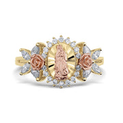 Yellow and rose gold Virgin Mary ring adorned with sparkling cubic zirconia borders.