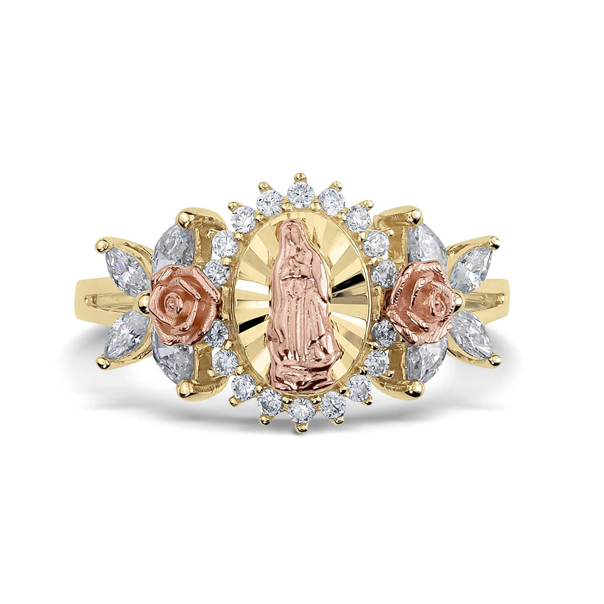 Yellow and rose gold Virgin Mary ring adorned with sparkling cubic zirconia borders.