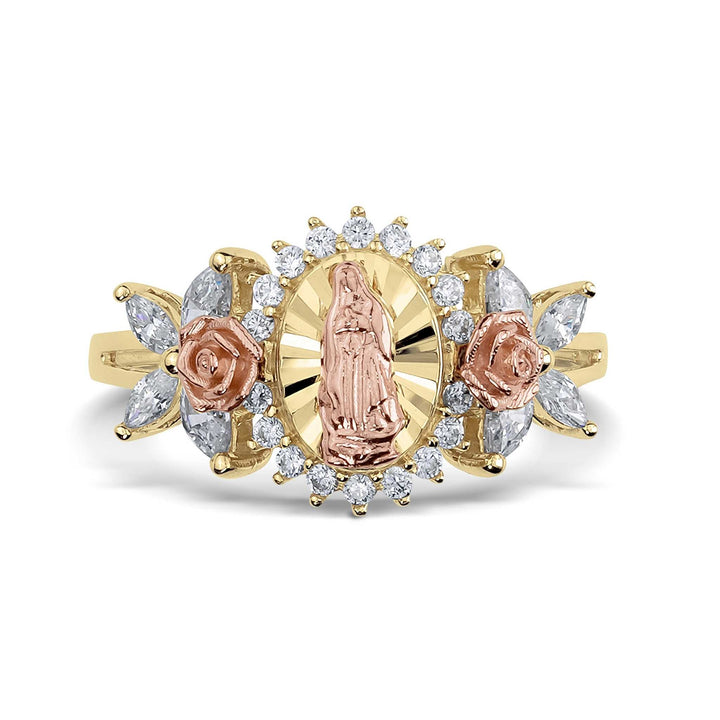 Yellow and rose gold Virgin Mary ring adorned with sparkling cubic zirconia borders.